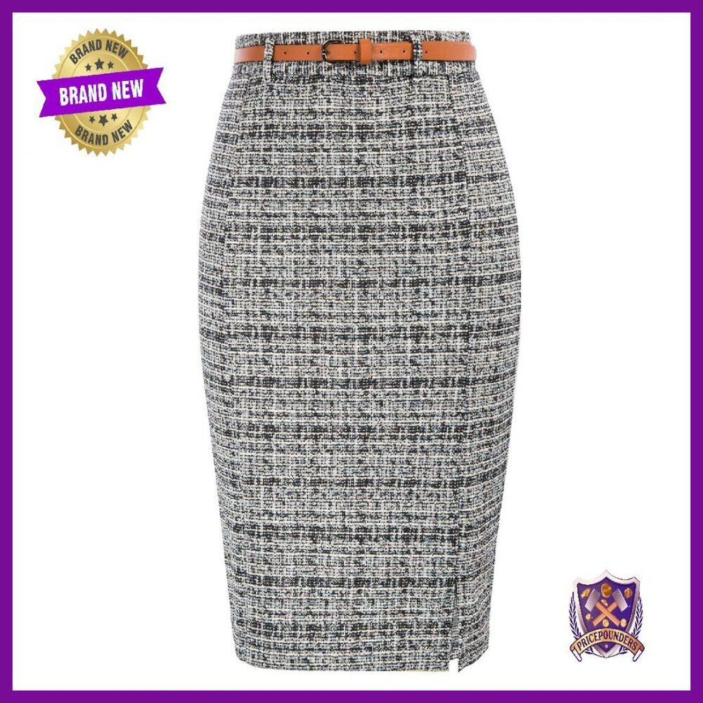 Knee Length Tweed Pencil Skirt High Waisted Slit Work Skirt